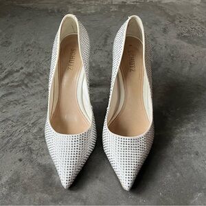 SCHUTZ White Rhinestone Heels - Lou Crystal Satin Pumps